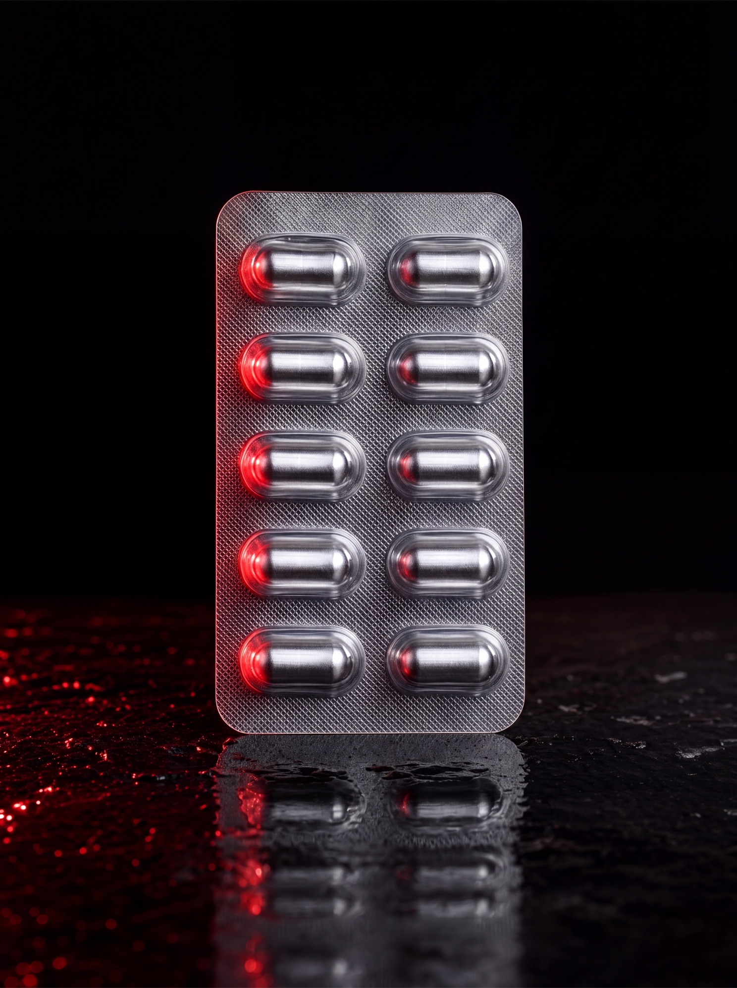 A Pump'd blister pack of ten silver capsules standing on wet black stone